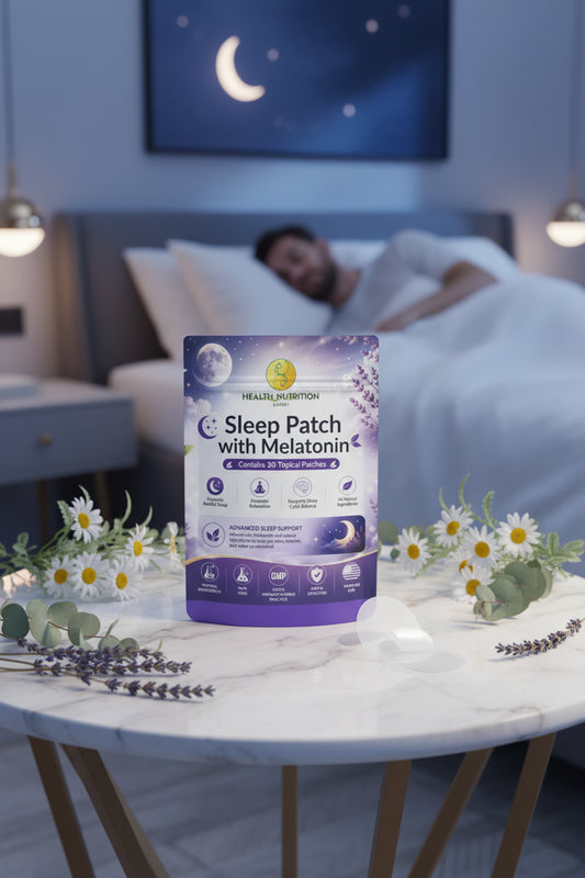 Health Nutrition Expert Sleep Patch with Melatonin packaging, featuring a purple and white design with moon and lavender illustrations, and claims about 30 topical patches.