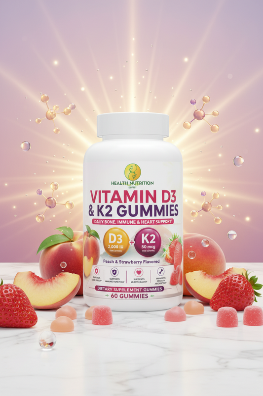 Vitamin D3 & K2 Gummies | 2,000 IU Vitamin D3 + 50 mcg Vitamin K2 | Bone, Immune & Heart Support | Peach & Strawberry Flavored | 60 Gummies | Health Nutrition Expert